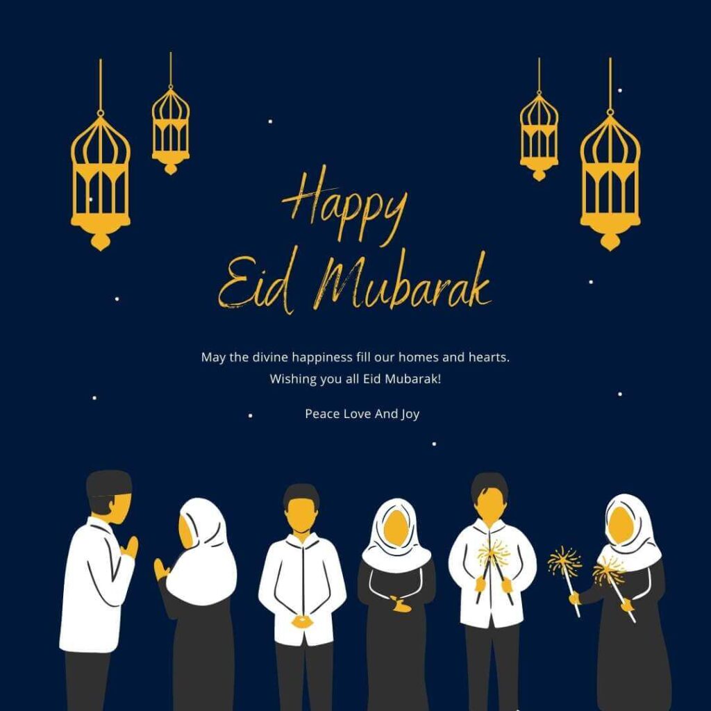 three couples, one is firing firecrackers, another is holding hands, another is greeting each other on a blue background hanging yellow lamps over it celebrating eid mubarak