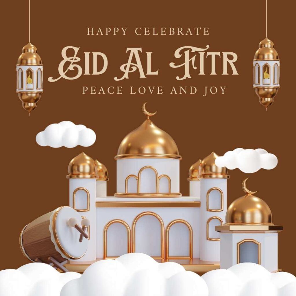 eid mubarak celebration image has the moon, stars, and lamps hanging over the golden door and quran near it on purple background