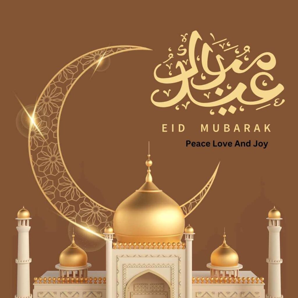 wishing festival of eid mubarak with a sparkling moon, white minaret with the golden dome on light brown background