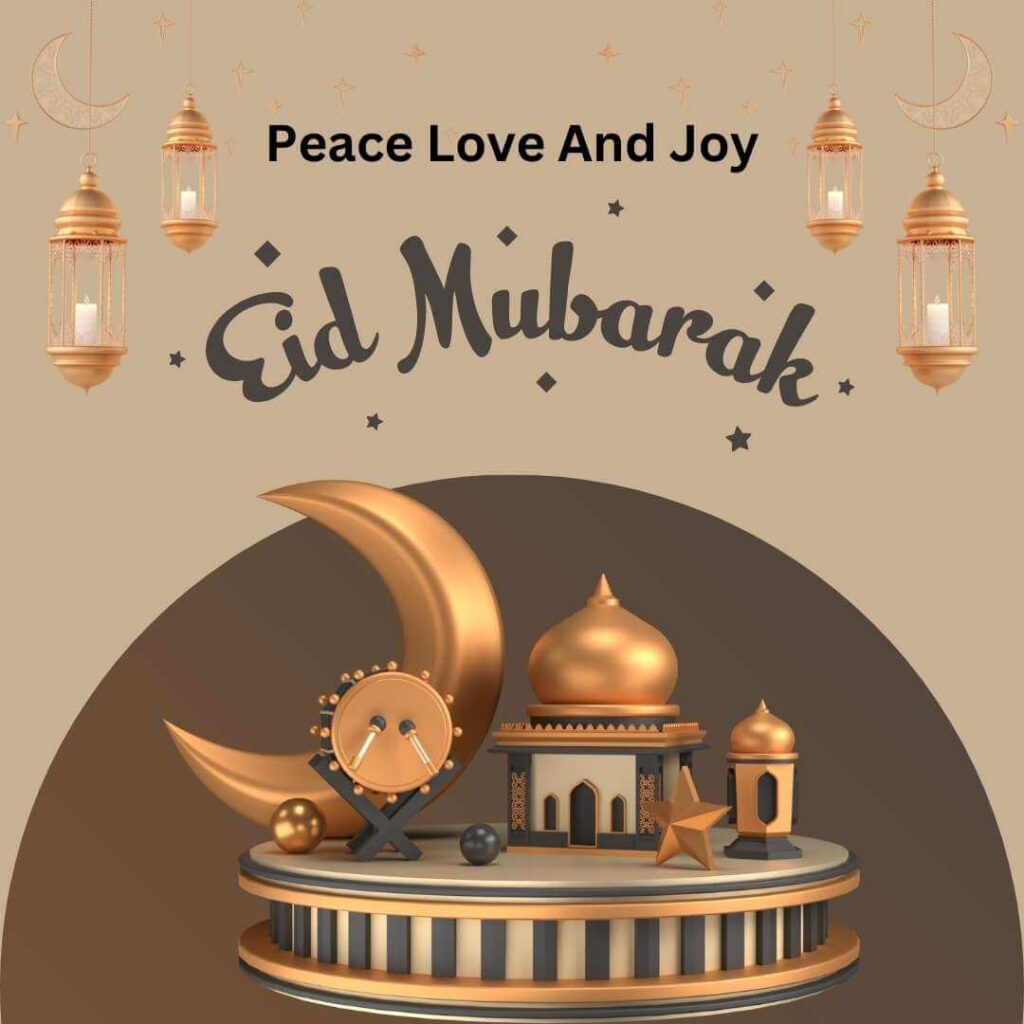 hanging lamps, moon, and stars on a light brown background and in a dark brown circle background place drum, moon, star , and minaret giving message of eid mubarak
