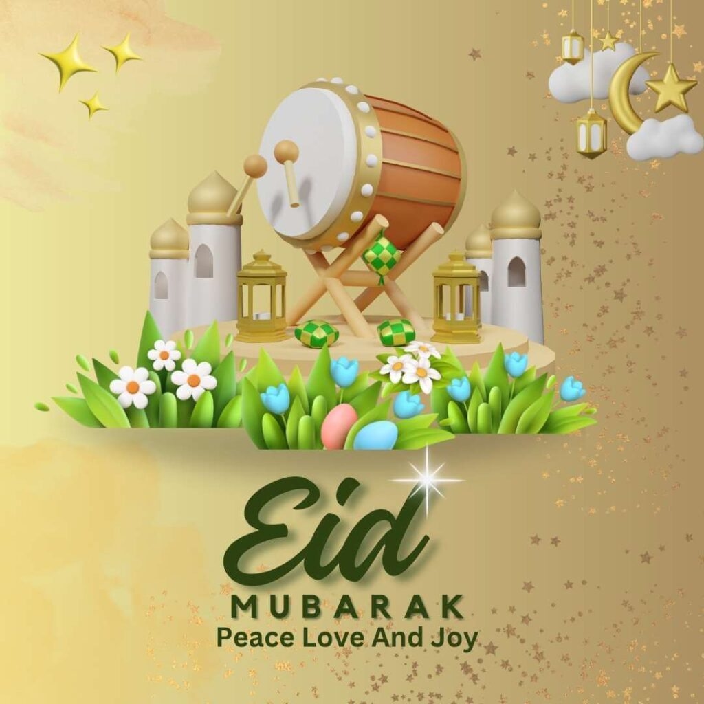 celebrating eid mubarak occasion with a huge drum, minaret in the background, hanging stars, moon, and lamps, grass and flowers on brown background
