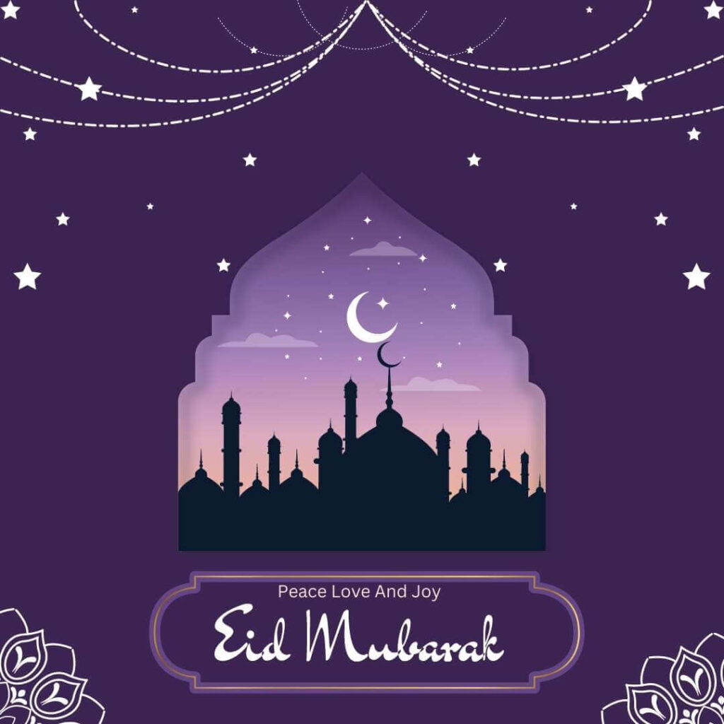 wishing eid mubarak festival with stars, moon, ghalar, and light purple minarets on a purple background with white flower
