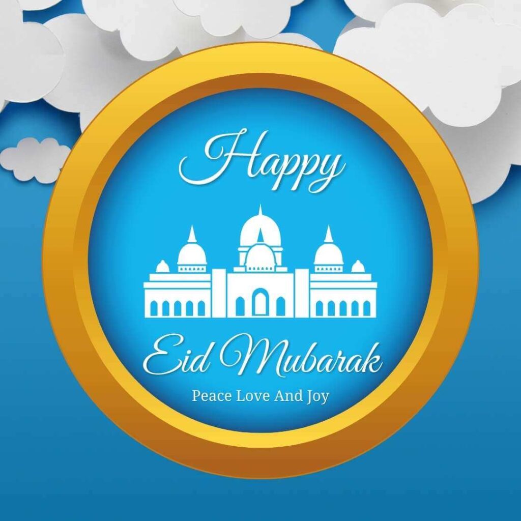 a girl, boy, man, and woman wishing eid mubarak festival having minaret, lamps, and drum on beautiful blue background