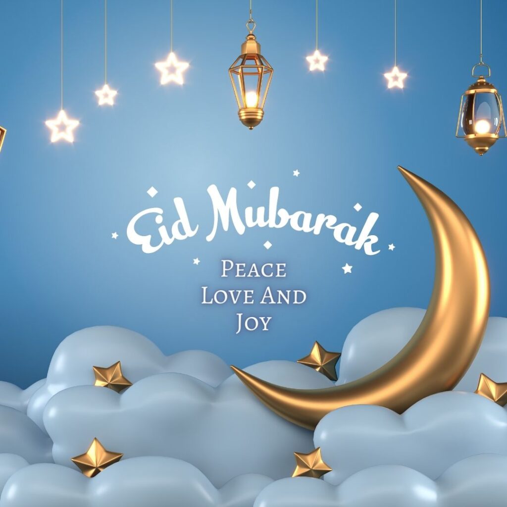 hanging stars and lamps golden moon and stars under them heart shaped blue balloons wishing eid mubarak with peace love and joy