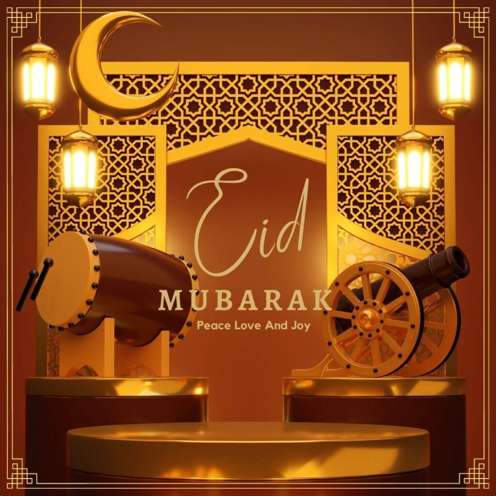 eid mubarak celebration on brown background with the decoration of golden lamps, drums, and cannon