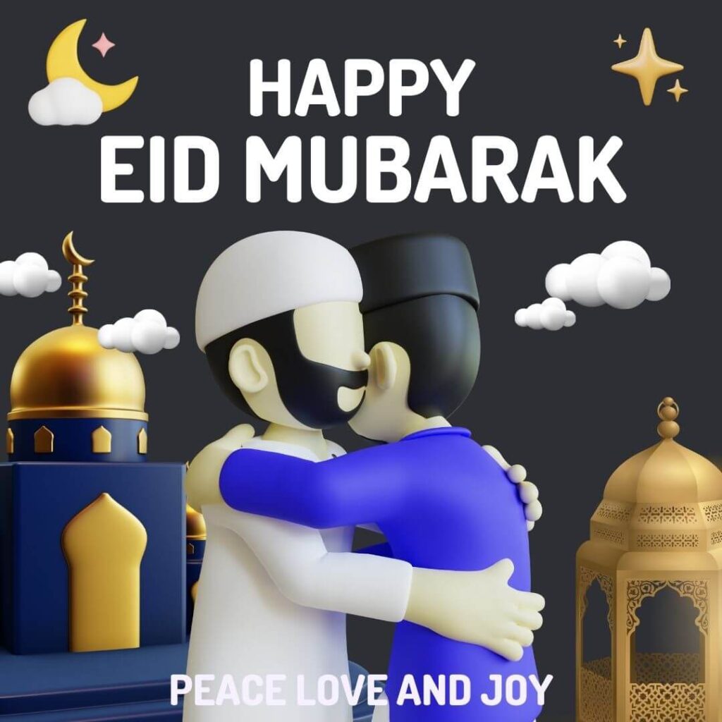 two boys hugging each other on the occasion of eid mubarak having a beautiful mosque, moon, cloud, and stars on dark grey background