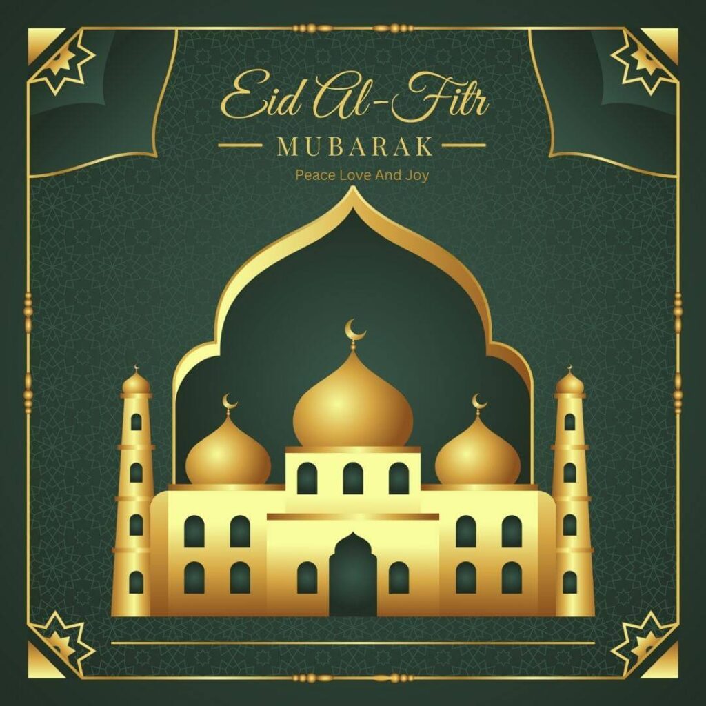 golden mosque with beautiful dark green background celebrating eid mubarak festival