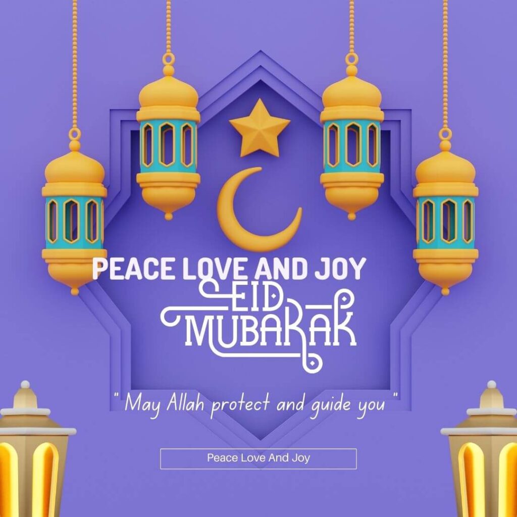 beautiful lamps hanging on the occasion of eid mubarak with sparkling moon and light purple background