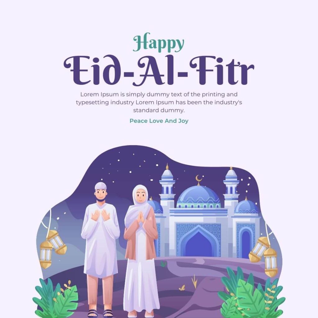 a husband and a wife praying on eid mubarak in the evening having a mosque in the back and plants in front with beautiful lamps celebrating eid-al-fitr